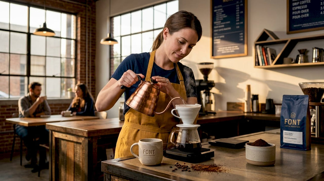 Barista performing coffee pour-over extraction in café