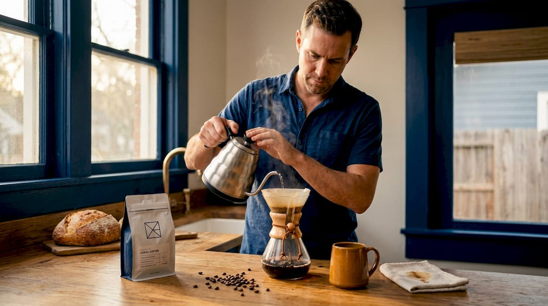 Man brewing coffee in Texas kitchen setting