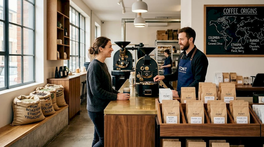 Customer talking to barista at local coffee roaster