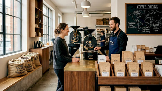 Customer talking to barista at local coffee roaster