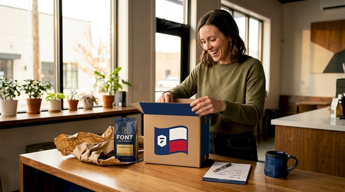 Woman opening coffee subscription box in kitchen