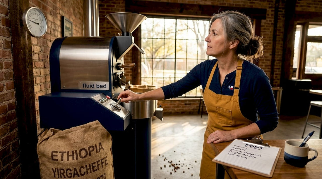 Barista roasting coffee in a bright Texas café