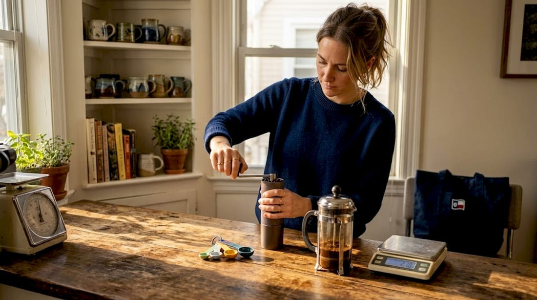 Woman grinding coffee beans in morning kitchen