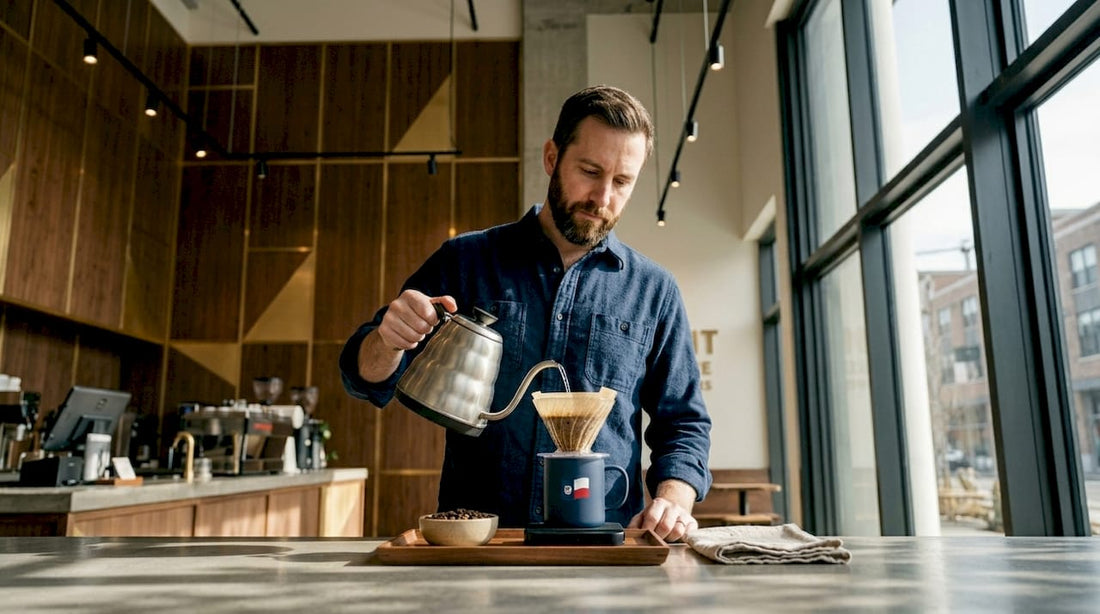 Man brewing Texas roast coffee at kitchen island