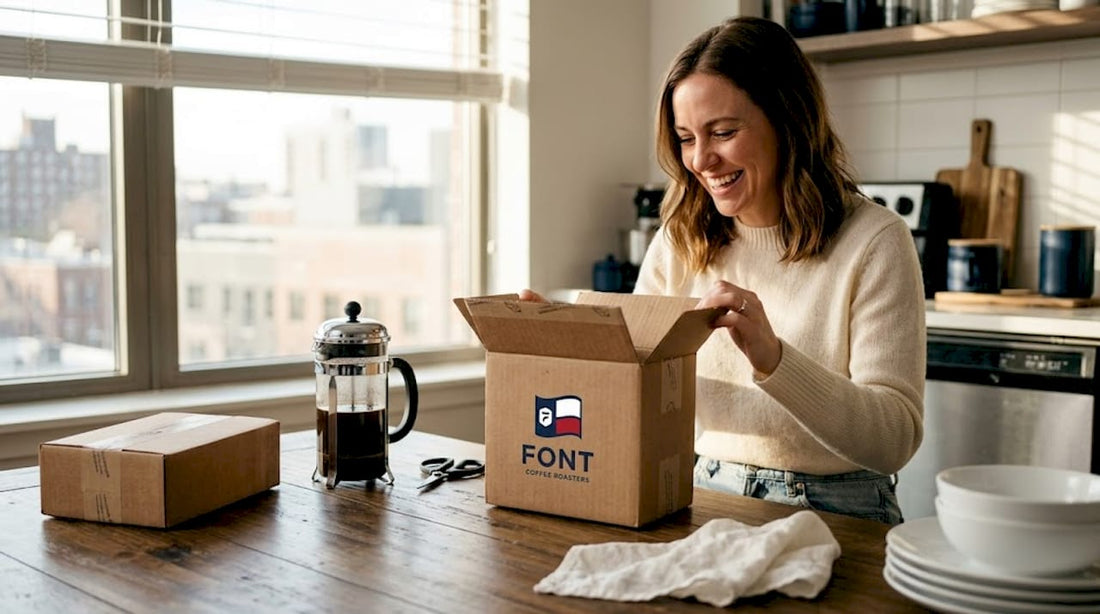 Woman unboxing coffee gift at kitchen table