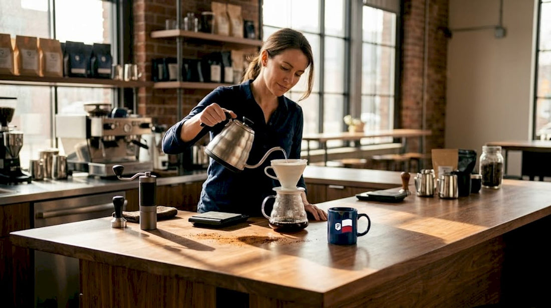 Woman brewing morning coffee in bright home kitchen