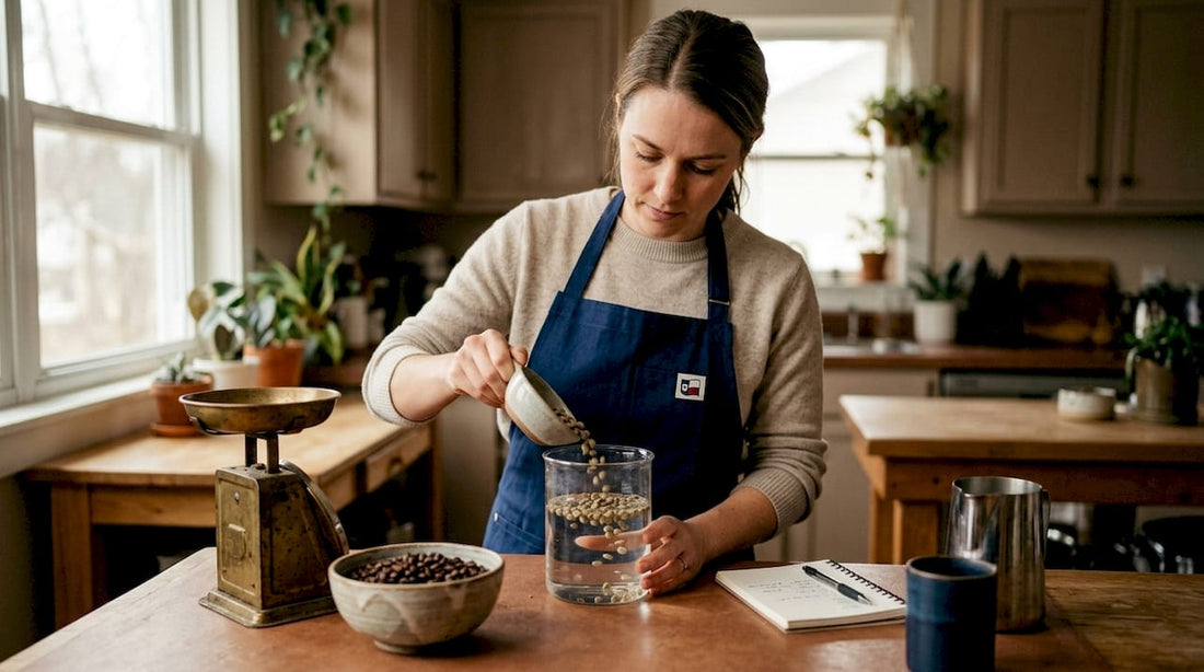 Home coffee roaster tests bean density in kitchen