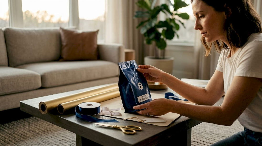 Woman preparing to wrap coffee beans gift