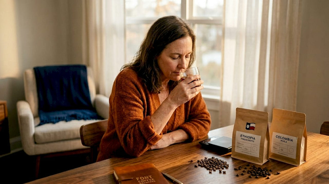 Woman tasting coffee aroma at home kitchen table