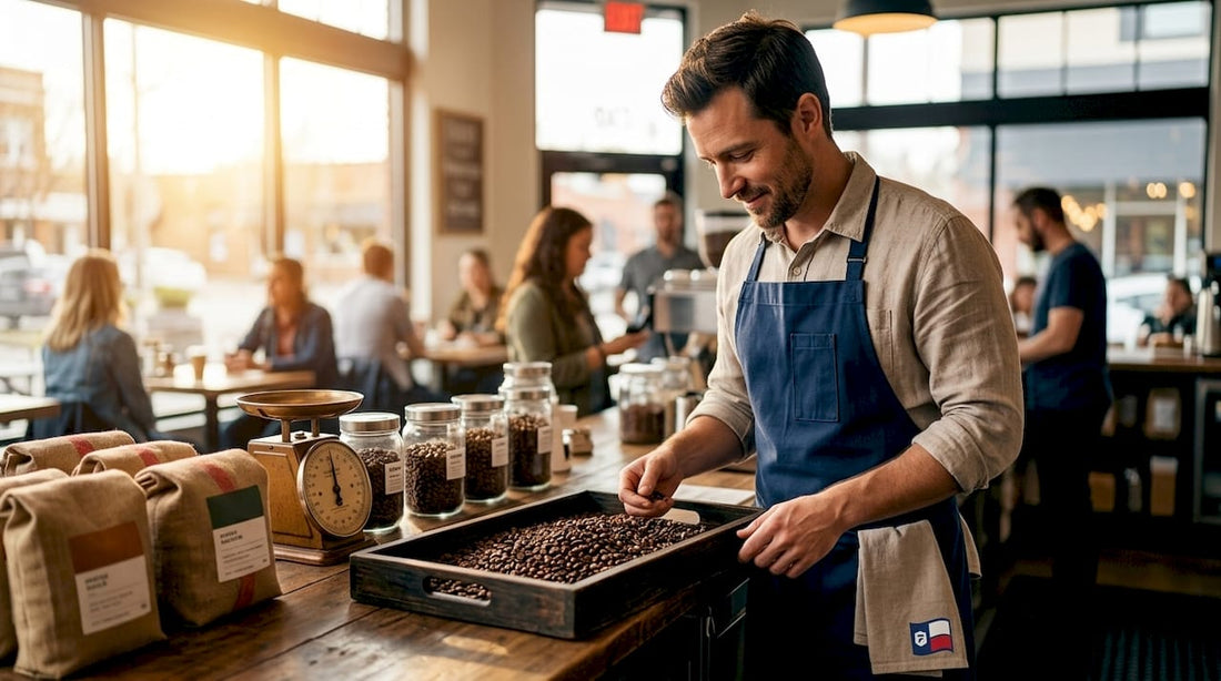Barista inspecting fresh coffee beans on counter