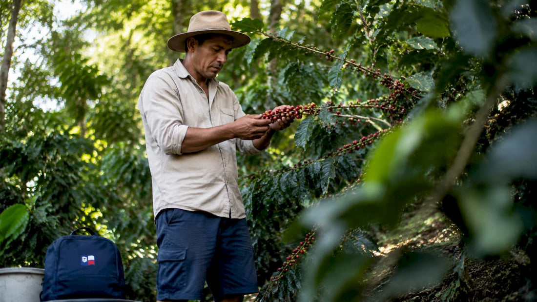 Coffee farmer inspecting ripe cherries on branch