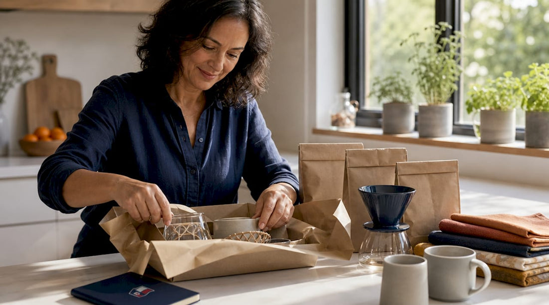 Woman unwrapping artisan coffee gift set