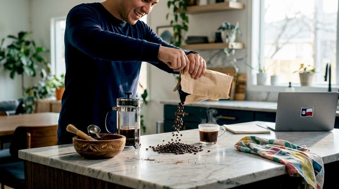 Person opening fresh coffee bean bag releasing aroma