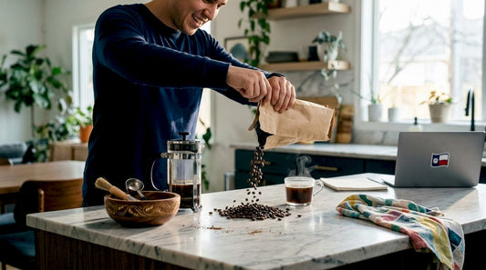 Person opening fresh coffee bean bag releasing aroma