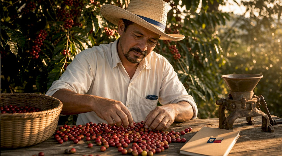 Farmer sorting ripe coffee cherries outdoors