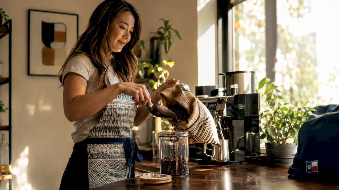 Woman storing coffee beans in kitchen container