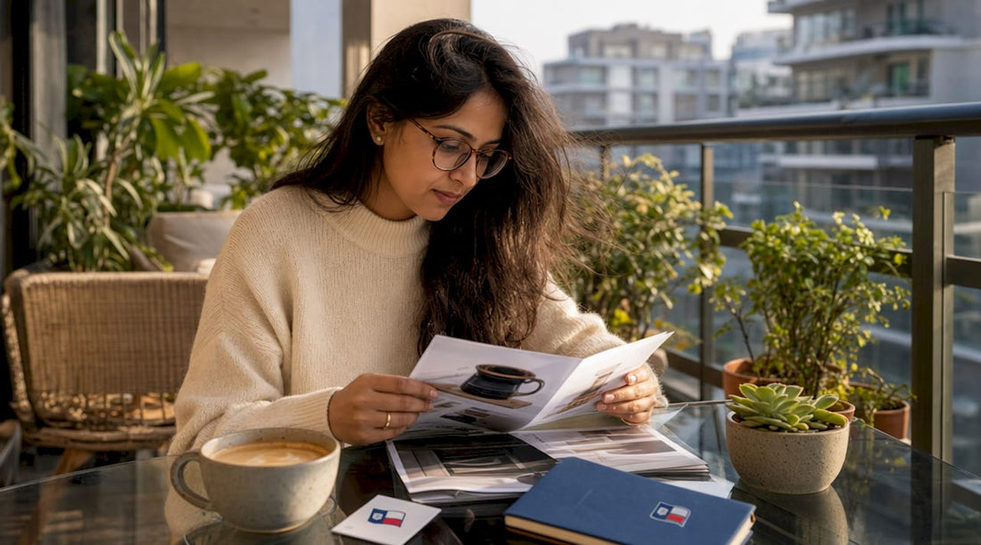 Woman reviewing coffee subscription options at kitchen table