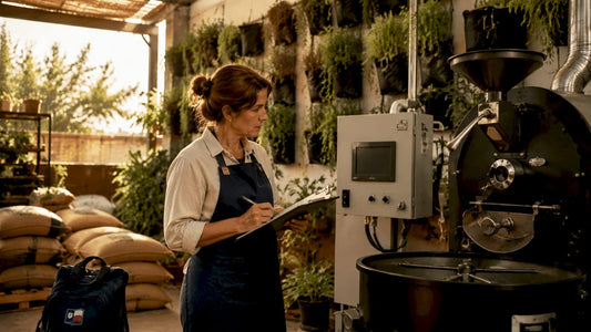 Coffee roaster monitoring emissions at drum roaster