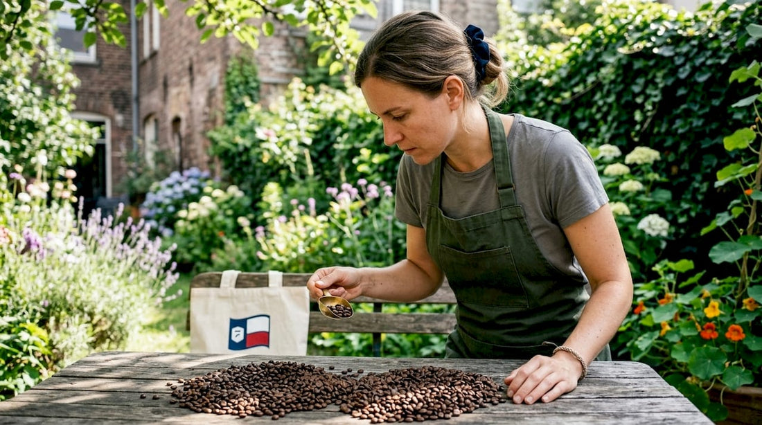 Artisan coffee roaster inspecting beans in roastery