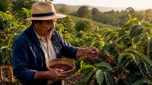 Coffee farmer inspecting ripe coffee cherries outdoors