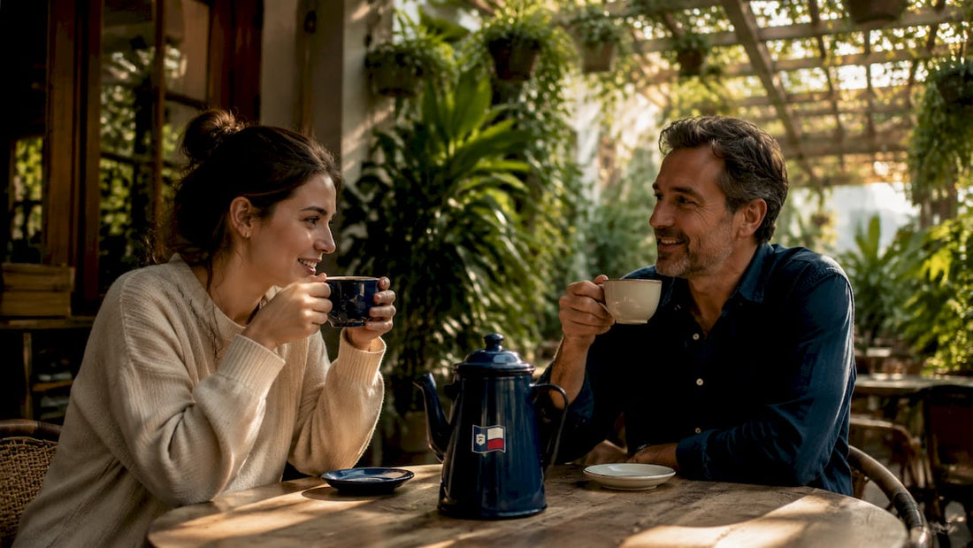 Woman drinking coffee and man drinking tea outdoors