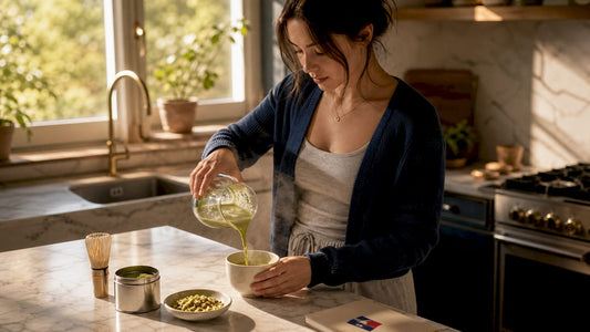 Woman pouring pistachio matcha latte at home