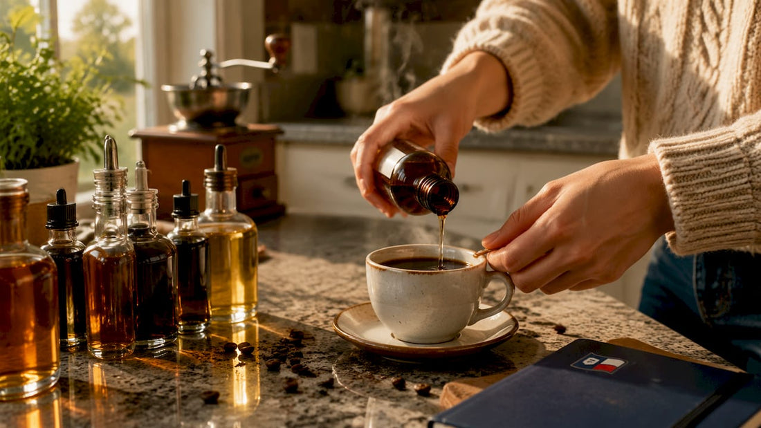 Hands pouring syrup into specialty coffee cup