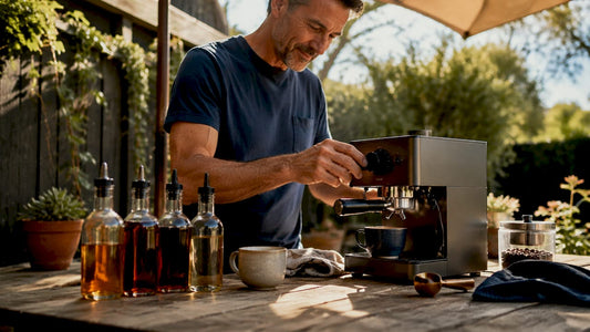 Home barista preparing espresso with coffee syrups
