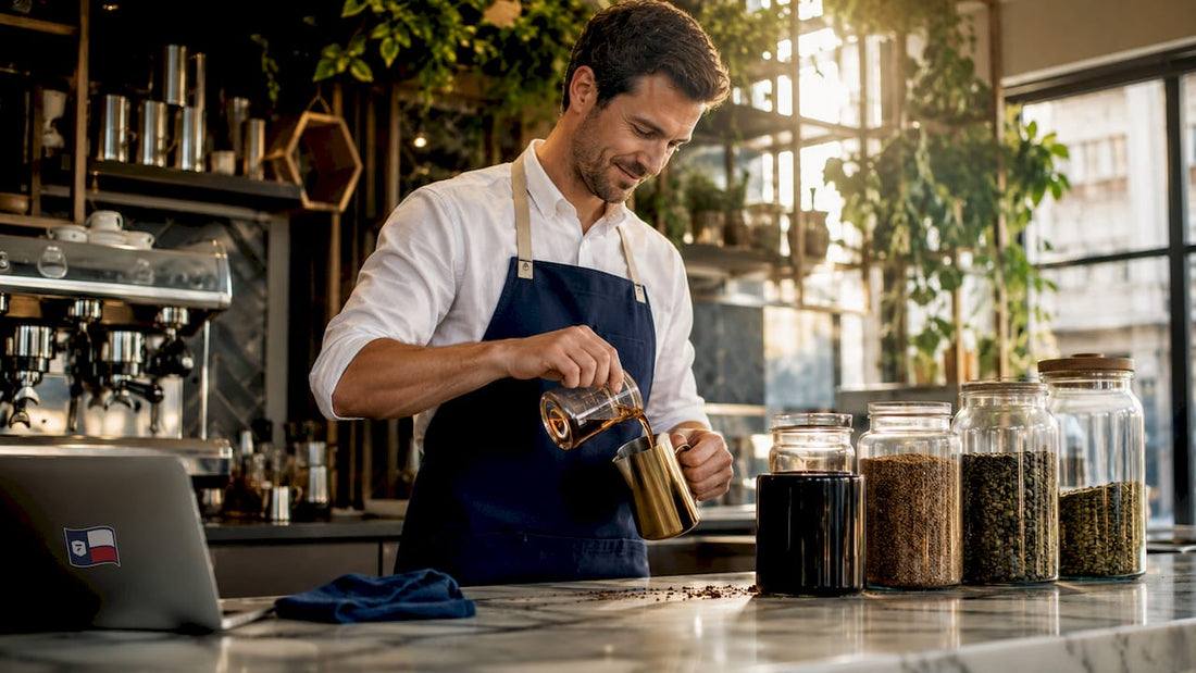 Barista pouring vegan coffee syrup into pitcher