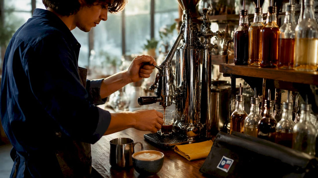 Barista preparing espresso with syrup bottles in background