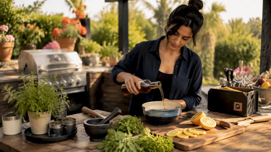 Woman pouring tea syrup at home bar