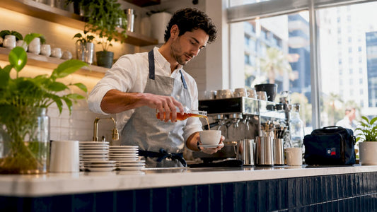 Barista pouring syrup into coffee cup