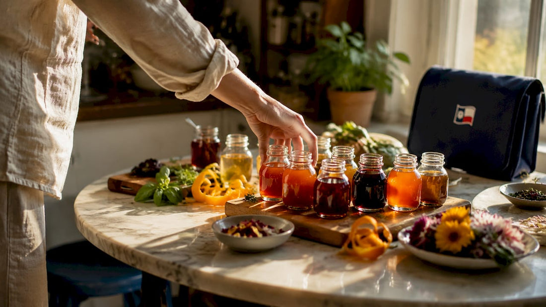 Bottles of colorful homemade flavored syrups on wooden table