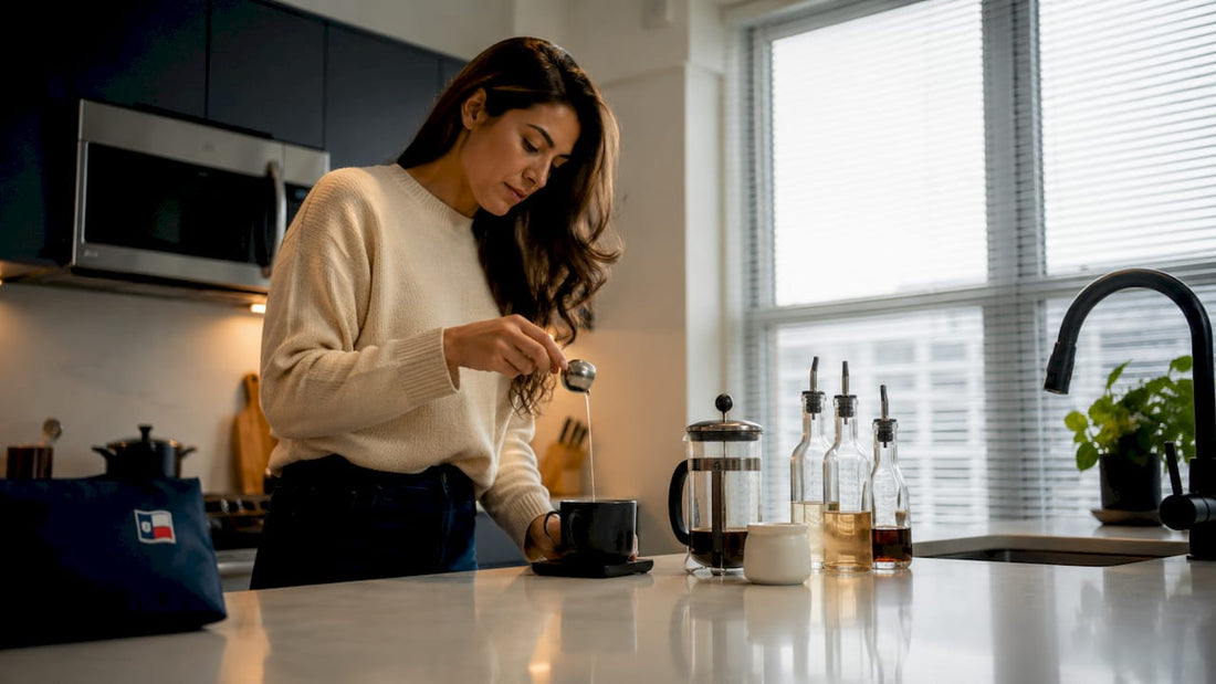 Home barista preparing keto coffee with syrup alternatives