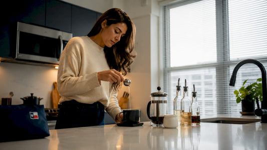 Home barista preparing keto coffee with syrup alternatives