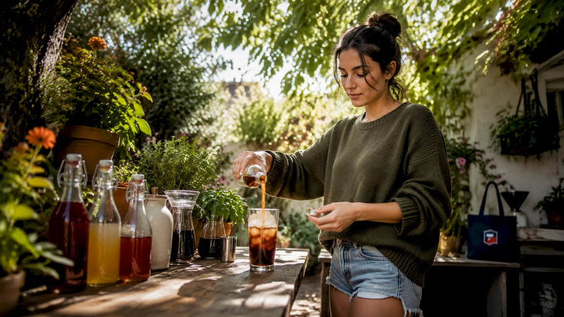 Woman preparing cold brew coffee with alternative syrup