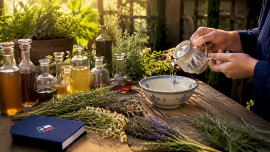 Hands pouring botanical syrup into measuring cup