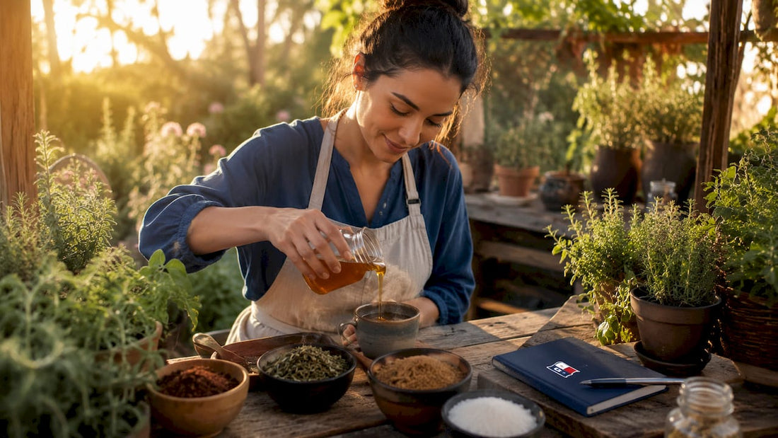 Woman pouring raw honey into tea in sunlit kitchen