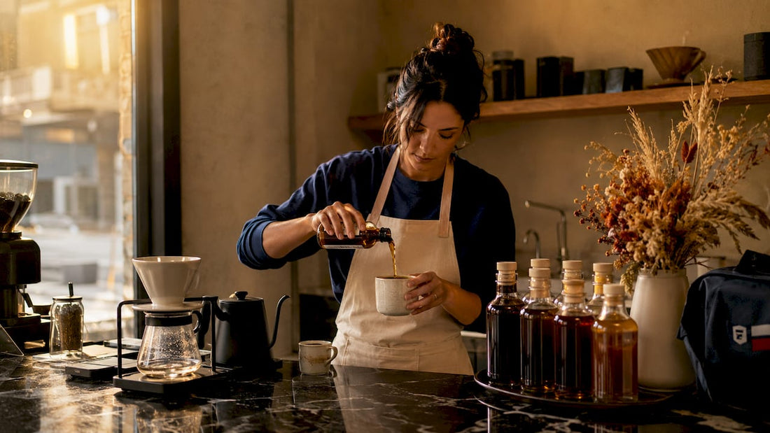 Woman pouring natural coffee syrup in artisanal kitchen