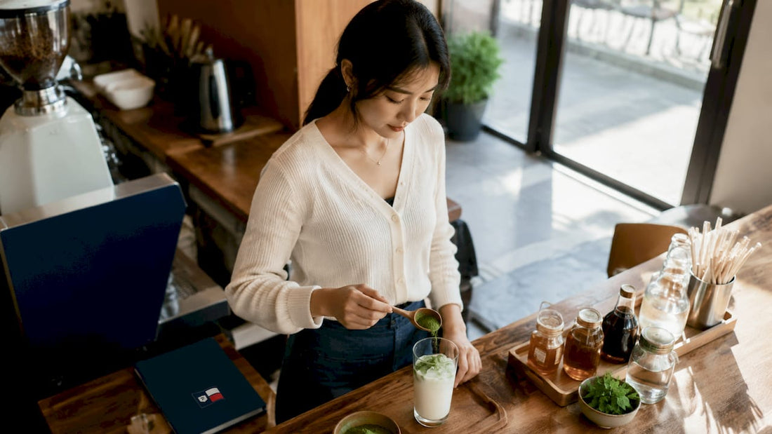 Woman preparing iced matcha latte with sweetener alternatives