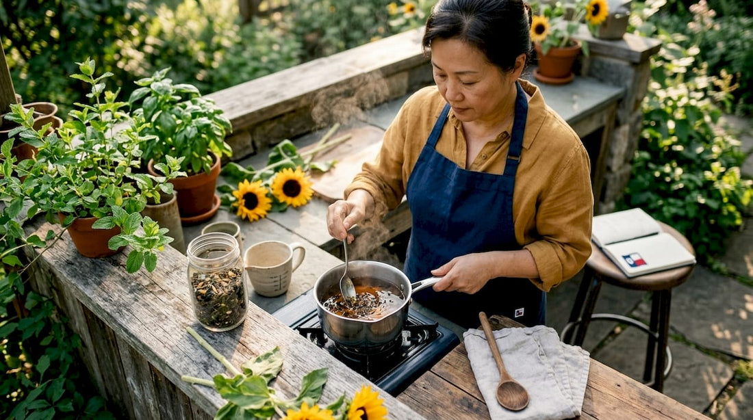 Woman making tea syrup in home kitchen