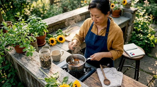 Woman making tea syrup in home kitchen