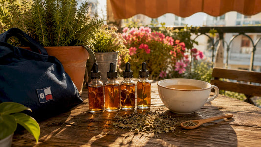 Four herbal tea flavor drop bottles on kitchen counter with teacup