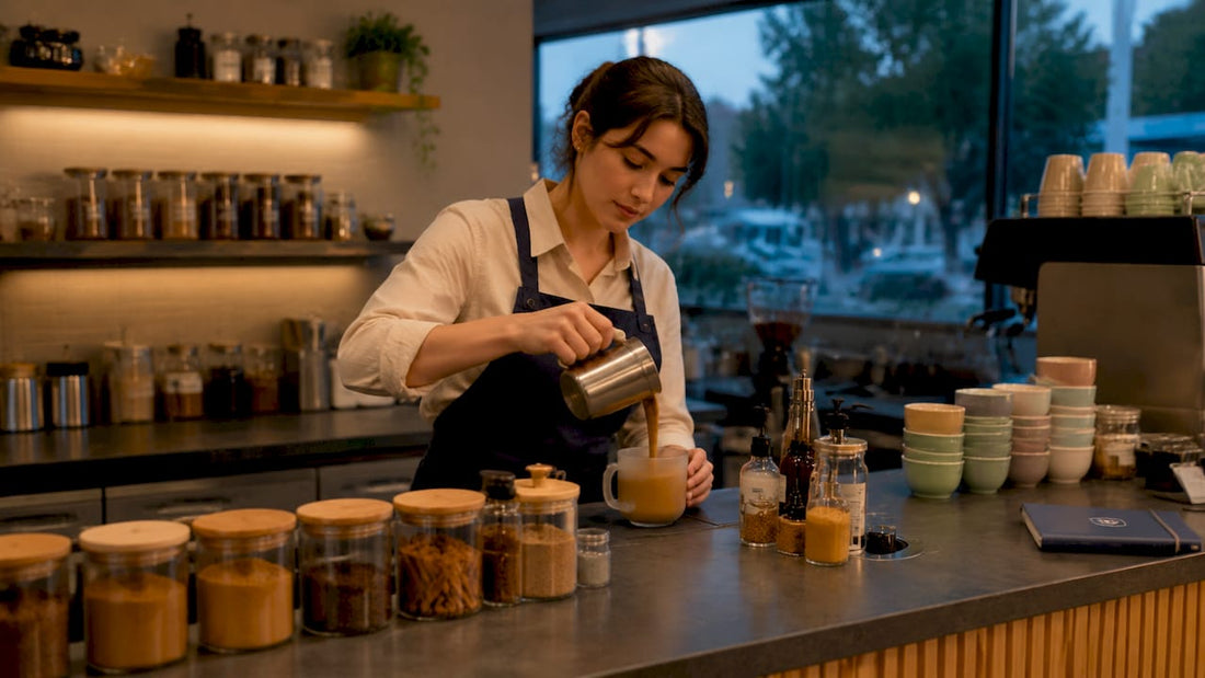 Barista preparing chai tea in café kitchen