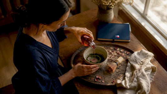 Home barista preparing rose syrup matcha alternative beverage