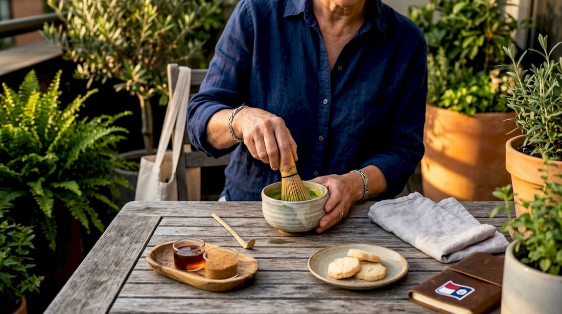 Woman preparing matcha latte with natural sweeteners