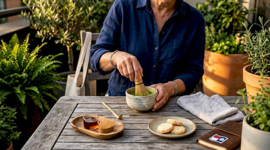 Woman preparing matcha latte with natural sweeteners