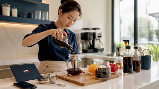 Café owner pouring brown sugar boba syrup alternative