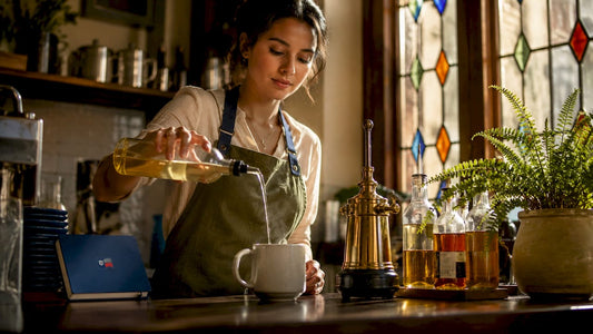 Barista preparing London Fog syrup alternative in coffee shop