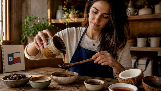 Food blogger pouring plant based syrup in kitchen